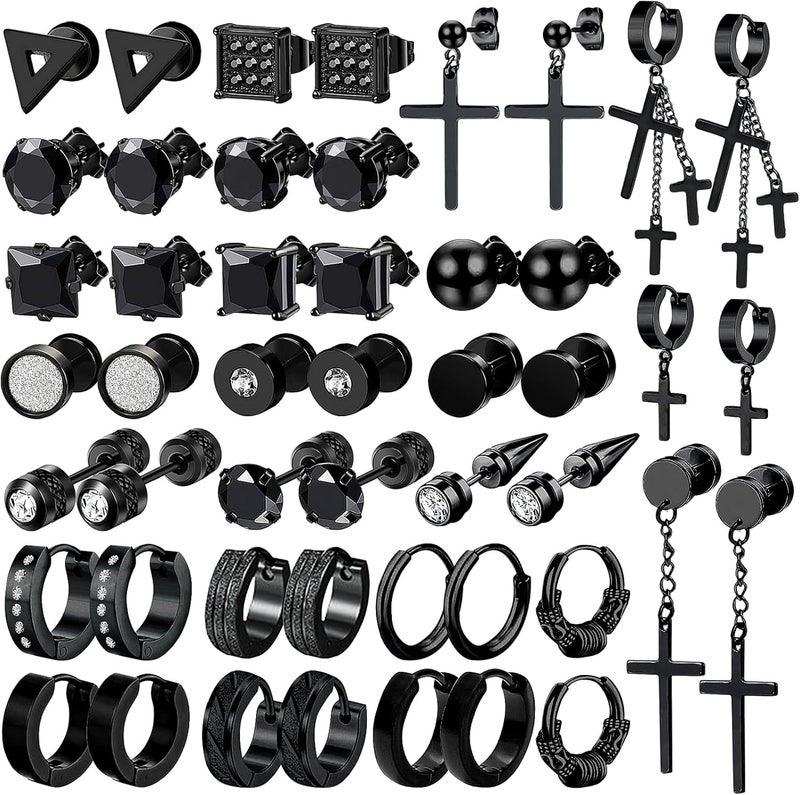 NEWITIN 24 Pairs Stainless Steel Earrings for Men Hypoallergenic Inlaid Cubic Zirconia Studs Hoop Earring Cross Dangle Earrings Unisex Punk Stud Earring for Women Men - Image 1